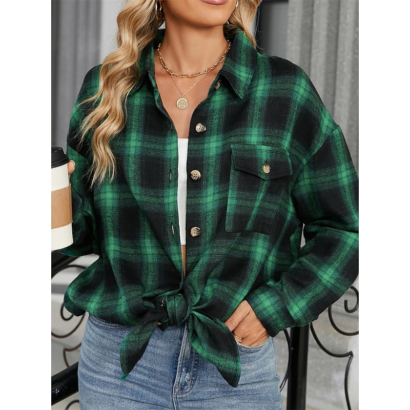 Women's Shirt Jacket Shacket Warm Breathable Buttons Pocket Print Casual Plaid Vacation Street Daily Wear Going out Single Breasted Regular Turndown Regular Fit Long Sleeve Outerwear Brown Green Fall