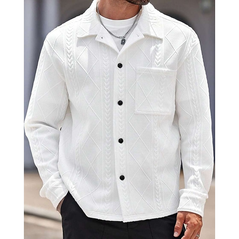 Men's Shirt Jacket Overshirt Jacket Plain Vacation Daily Wear White Long Sleeve Lapel Fall & Winter Clothing Apparel Jacquard