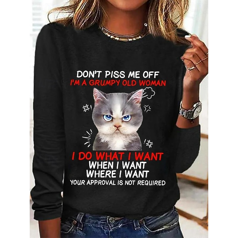 Women's 100% Cotton Tunic T Shirt Fashion Casual Print Long Sleeve Regular Tops Crew Neck Daily Black White Spring Fall4