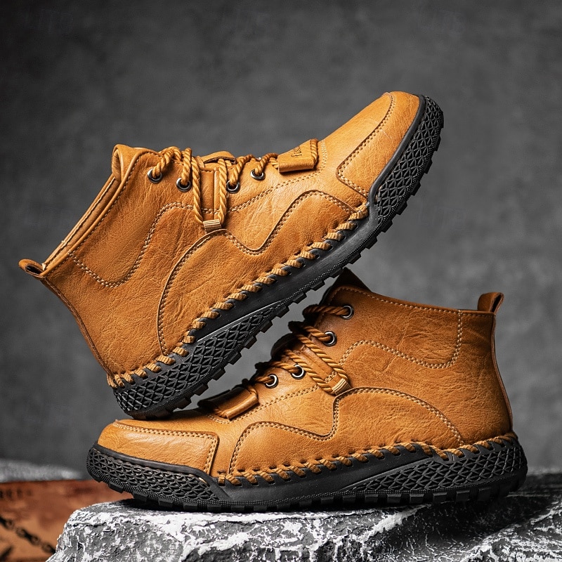 Men's Casual Lace-Up Ankle Boots – Faux Leather Handmade Moccasin-Style Outdoor Shoes with Hand-Stitched Details and Non-Slip Sole for Hiking and Daily Wear2