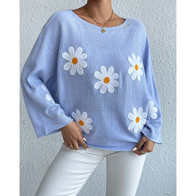 Women's Sweater Daily Casual Floral Graphic Print Crew Neck Knitted Long Sleeve Long Tops Knit Home Work Daily Pink Blue Fall Winter
