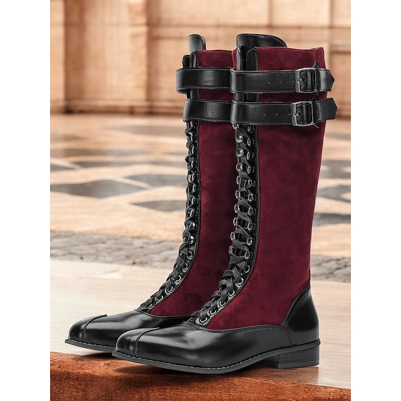 Women's Burgundy Faux Suede and Black Faux Leather Knee-High Lace-Up Boots – Vintage-Inspired Design with Double Buckle Straps, Perfect for Casual and Formal Wear