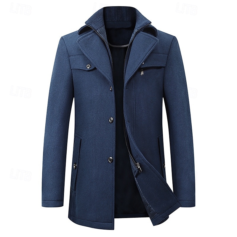 Men's Peacoat Trench Coat Daily Vacation Fall & Winter Polyester Thermal Warm Outerwear Clothing Apparel Fashion Classic Plain Pocket Lapel Zipper4