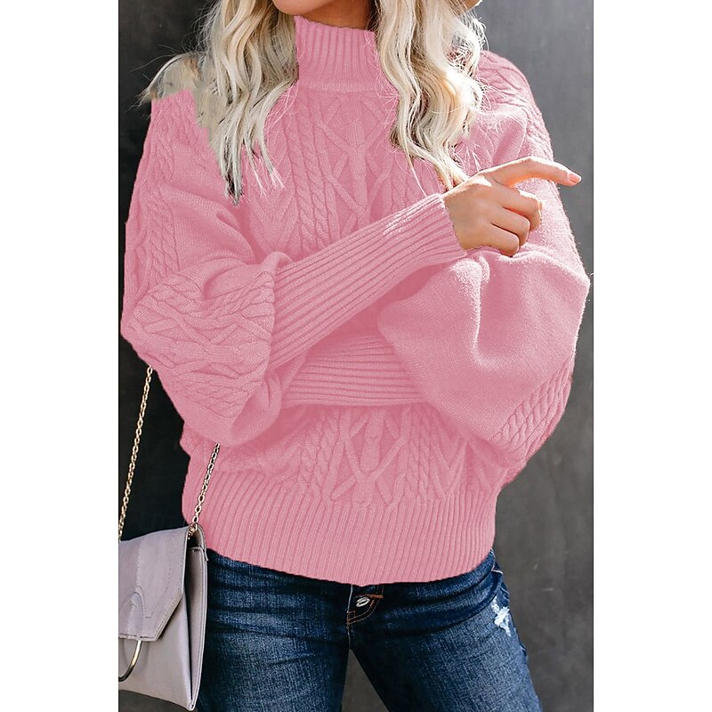 Women's Pink Sweater Mock Neck Cable Knit Fall Winter Work Elegant Fashion Daily Long Sleeve Textured Hot Pink Red2
