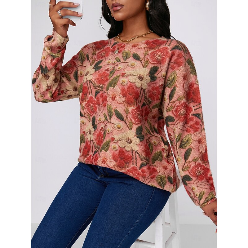 Women's Sweater Fashion Streetwear Casual Floral Graphic Crew Neck Digital print Long Sleeve Regular Tops Knit Outdoor Red Fall Winter