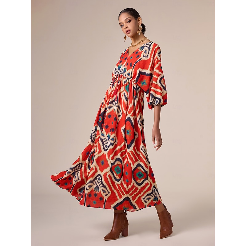 Loose Folk Drawstring Printing Vacation Maxi Dress