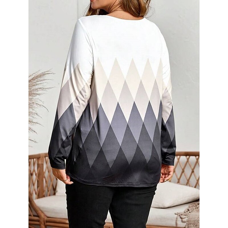 Women's Plus Size Tops T shirt Tee Geometry Print Long Sleeve Crew Neck Casual Daily Fall Winter Gray2