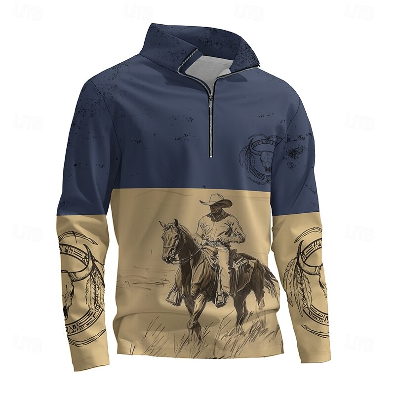 Men's Graphic Cowboy Hoodies Daily Casual Long Sleeve Stand Collar Vacation Going out Streetwear Blue Print Spring &  Fall Designer4