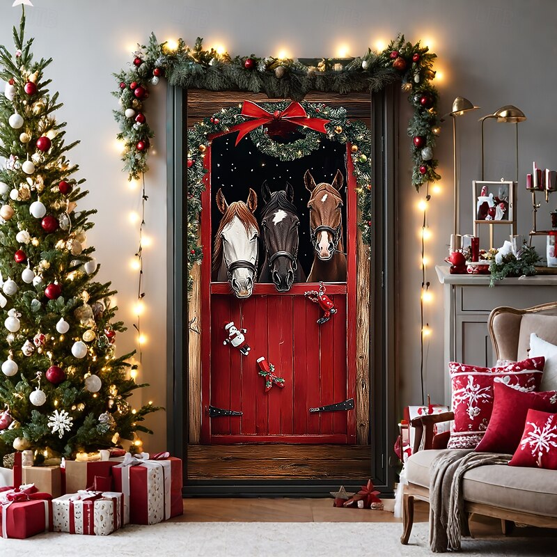 Christmas Door Decorations Door Covers Horses Door Tapestry Door Curtain Decoration Backdrop Door Banner for Front Door Farmhouse Holiday Party Decor Supplies Indoor/Outdoor4