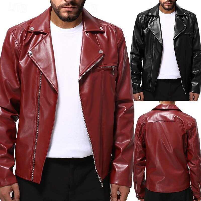 Men's Faux Leather Jacket Biker Jacket Patent Leather Jacket Motorcycle Jacket Daily Vacation Windproof Warm Pocket Fall & Winter Plain Fashion Classic Stand Collar Regular Faux Leather PY01-Black