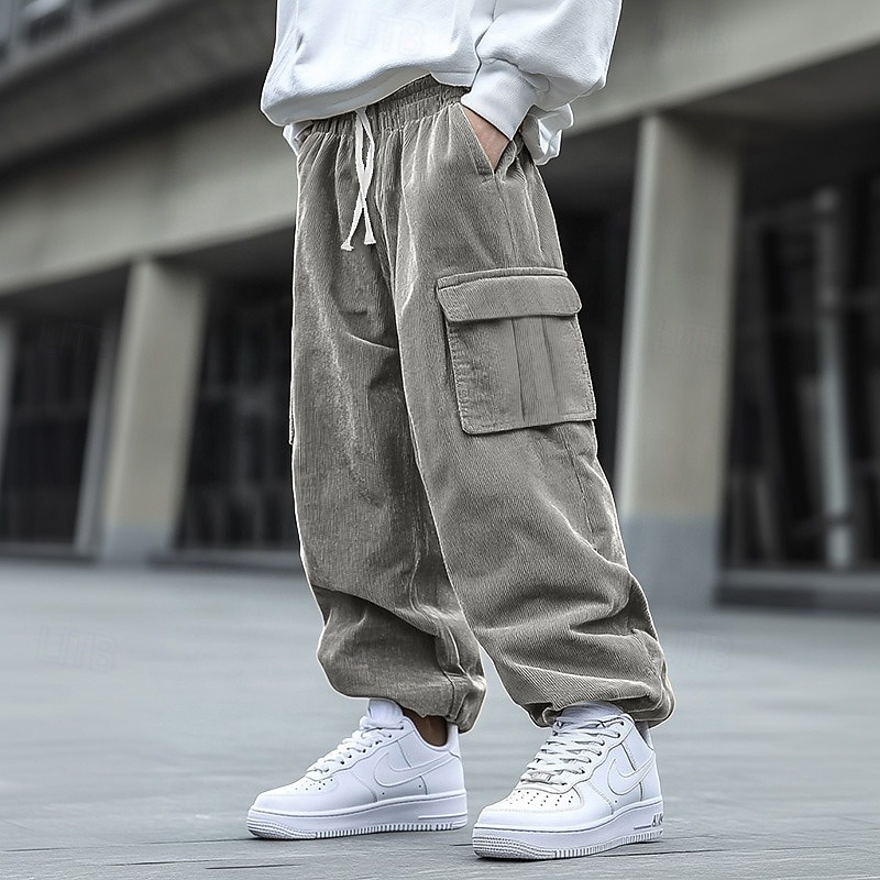 Men's Cargo Pants Corduroy Pants Trousers Baggy Pants Drawstring Elastic Waist Multi Pocket Solid Color Breathable Soft Full Length Formal Office Work Stylish Simple Loose Fit Black Navy Blue High