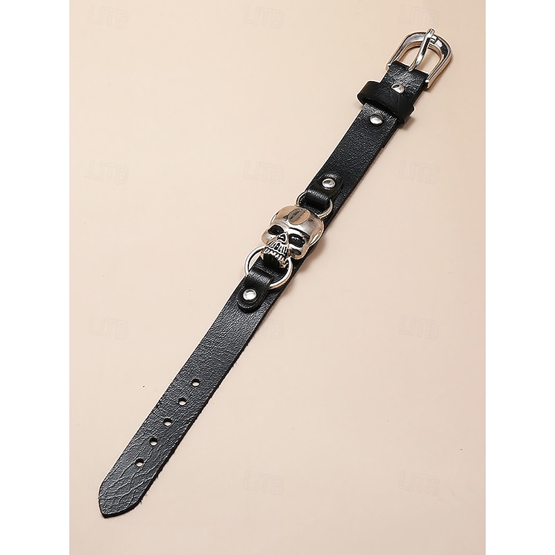 Men's Black Leather Bracelet with Silver Skull Charm – Gothic Punk Adjustable Wristband for Halloween and Biker Style3