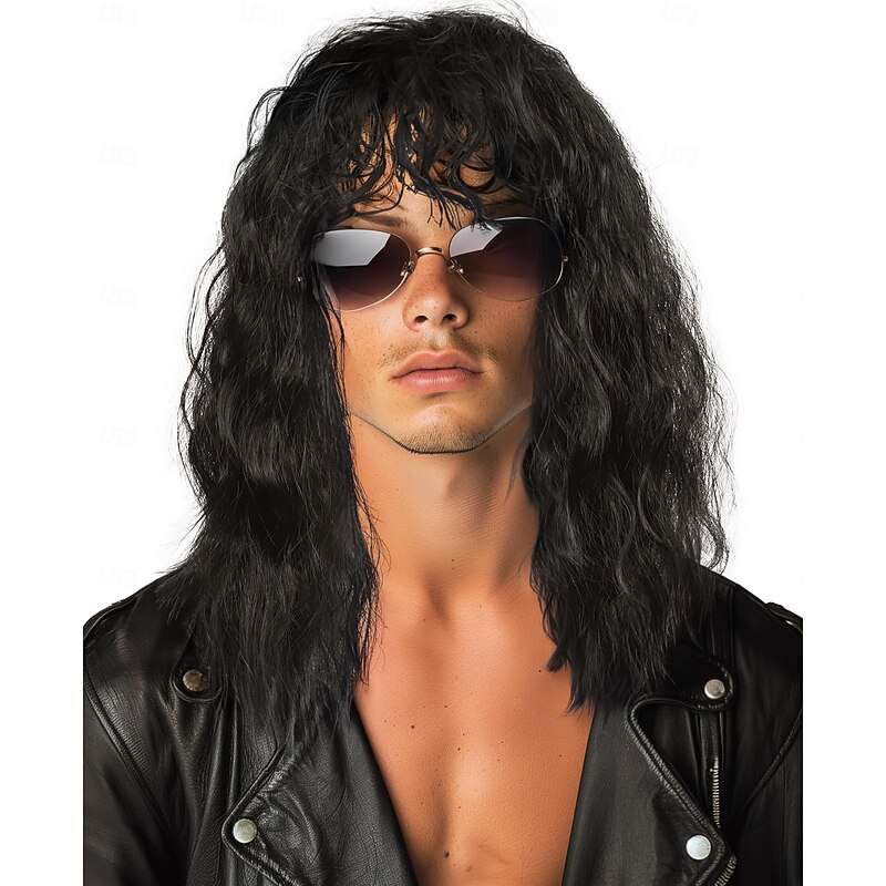 Men's 80s Wig Black Long Curly Wig Rocker Wig Costume Wig Halloween Wigs