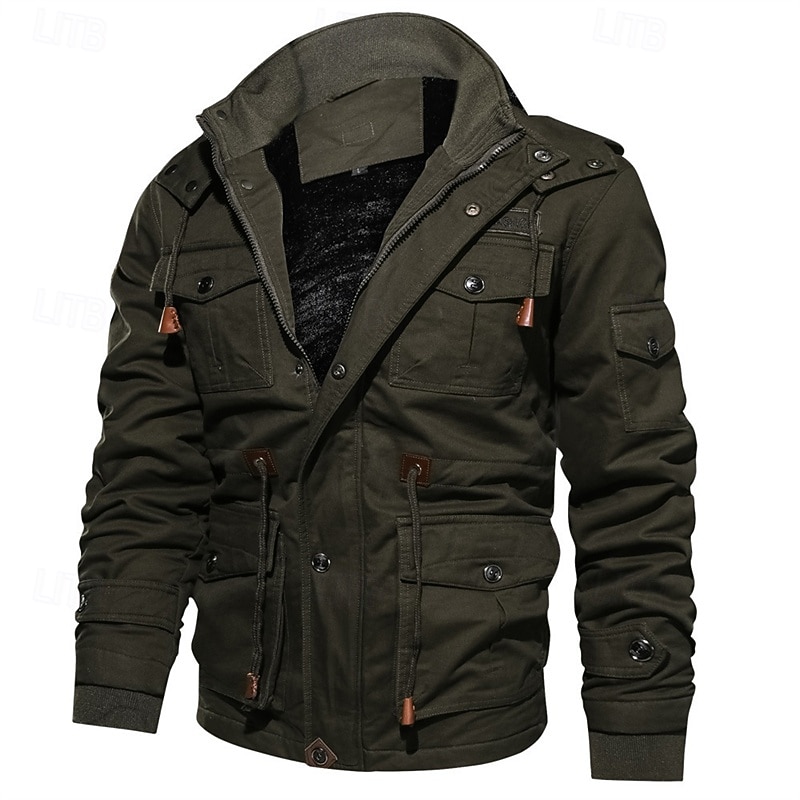 Men's Winter Jacket Fleece Jacket Casual Jacket Daily Vacation Thermal Warm Pocket Fleece Fall & Winter Plain Fashion Streetwear Hooded Regular Black Green Khaki Jacket4