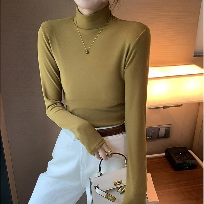 Women's Tunic Solid Color Casual Long Sleeve Turtleneck Regular Tops Daily Black Yellow off-white Khaki Fall Winter 5