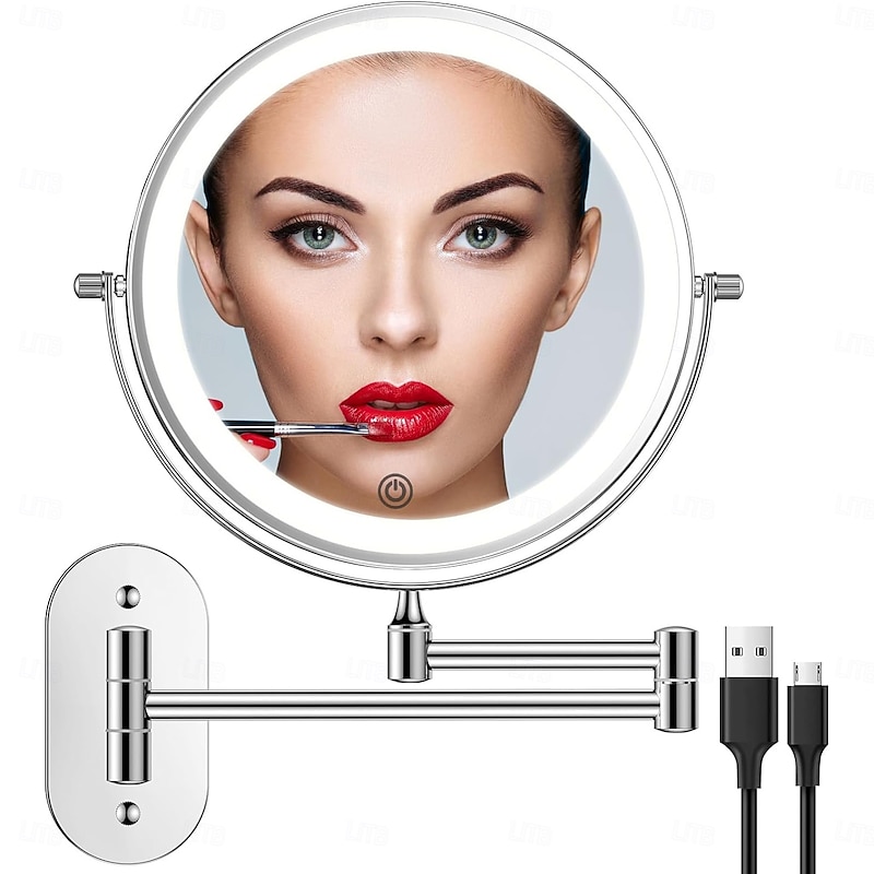 Rechargeable Wall Mounted illuminated Makeup Mirror Light 8-inch Double-sided 10x Magnifying Bathroom Mirror 3-color Lighting Touch Screen Dimming Extended Arm 360 Degree Rotating Shaving Luminous Mirror2