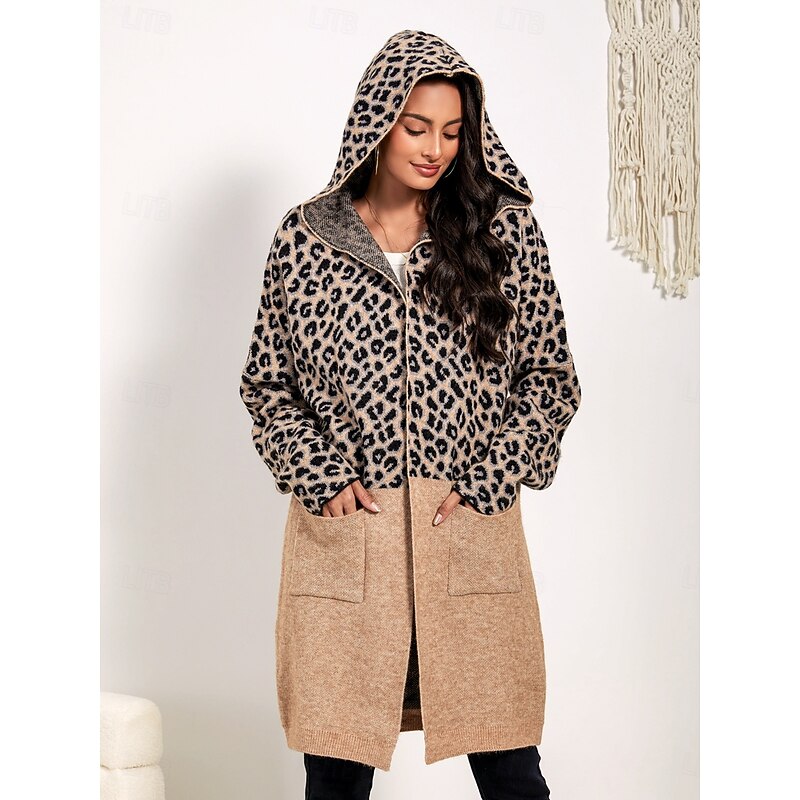 Women's Long Cardigan Leopard Print Open Front Knit Patchwork Knitted Fall Winter Going out Fashion Streetwear Daily Long Sleeve Animal Camel3