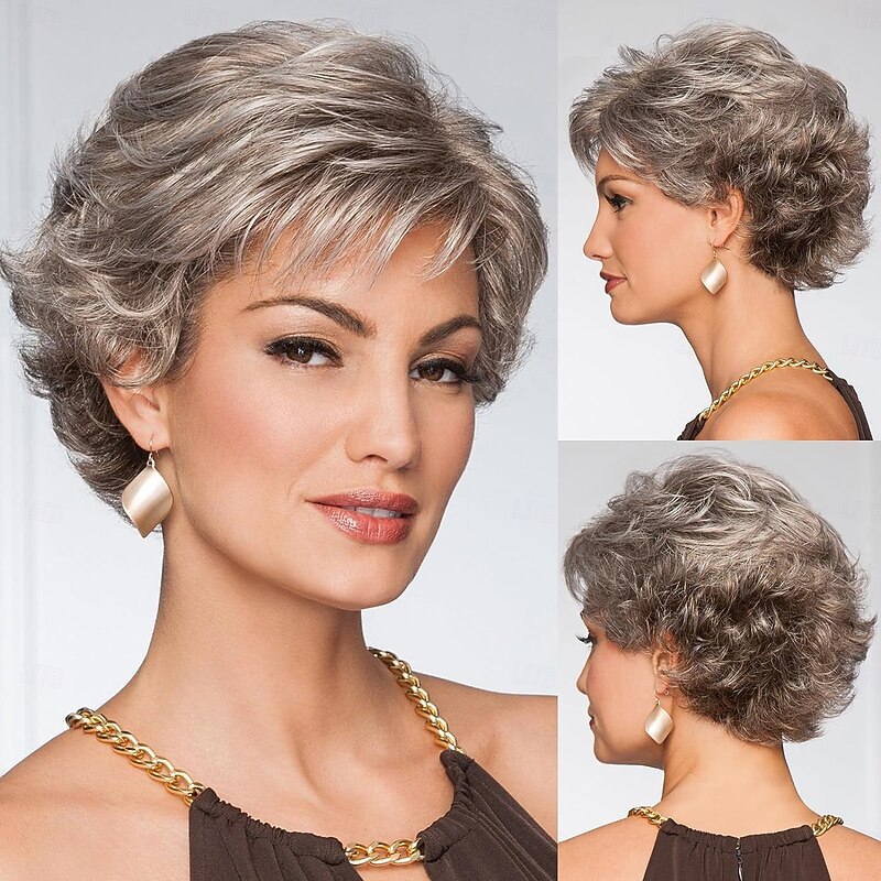 Short  Pixie Cut Layered Wig with Bangs for White Women Pixie Cut Curly Layered Wig Synthetic  Wig Pixie Cut Fluffy Gray Wigs for Women