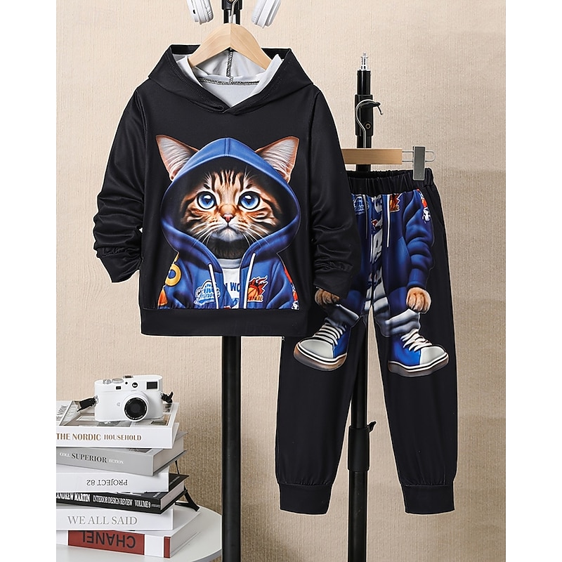 Boys 3D Graphic Cat Sports Suit Hoodie Set Tracksuits Long Sleeve Spring Fall Daily Casual Tights Kids 4-12 Years Hooded Outdoor Vacation Sports Tailored Fit