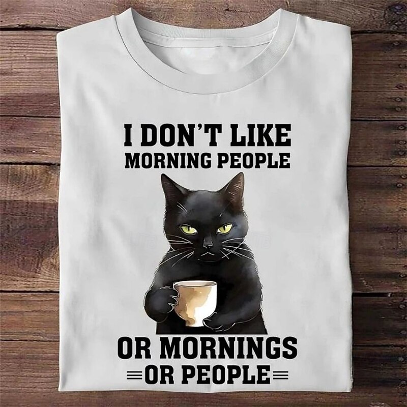 Mens Funny Cat Graphic T-Shirt Short Sleeve I Don't Like Morning People Or Mornings Or People Introvert Humor Tee4