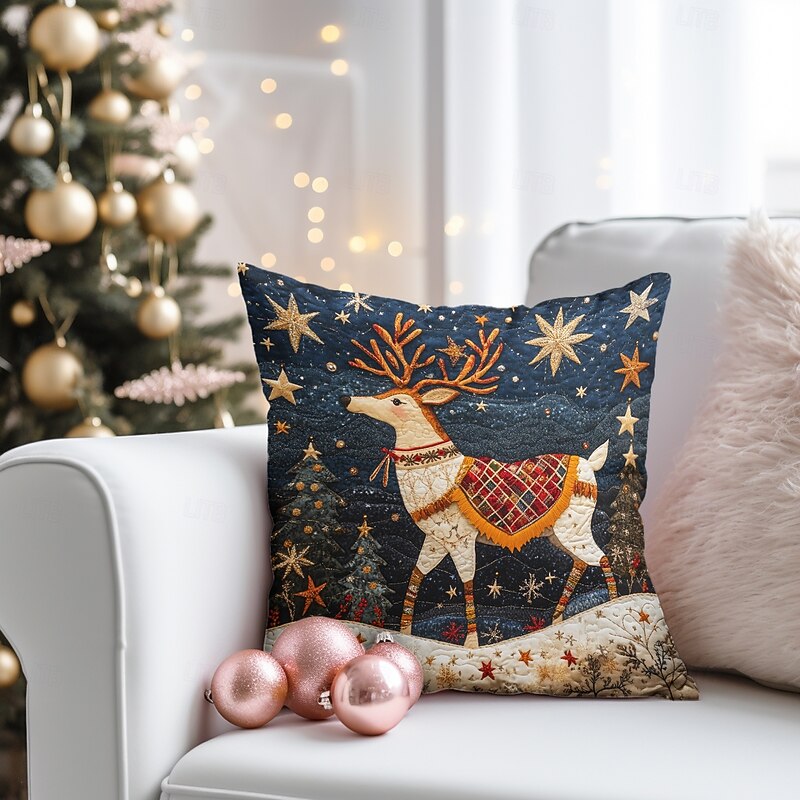 Christmas Decorations Decorative Toss Pillows Cover Quilting Art Reindeers Tree 1PC Soft Square Cushion Case Pillowcase for Bedroom Livingroom Sofa Couch Chair2