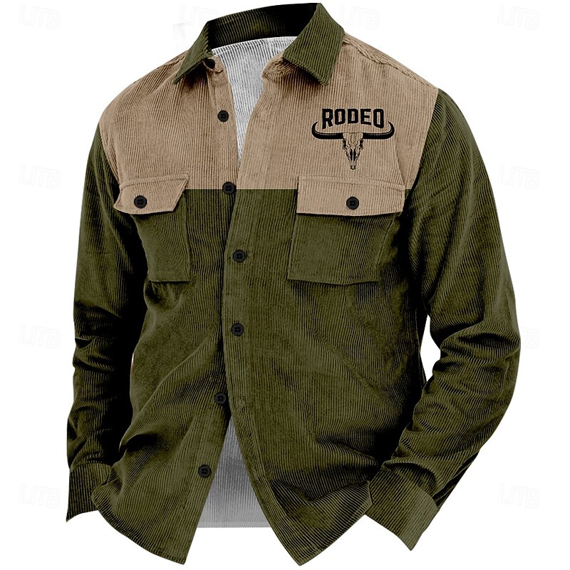 Men's Cowboy Corduroy Shirt Shirt Jacket Overshirt Long Sleeve Vintage Tribal Outdoor Dailywear Fall & Winter Turndown Collared Shirts Buttons 3D Print 2 Pockets 1pc Army Green Navy Blue Brown Dark2
