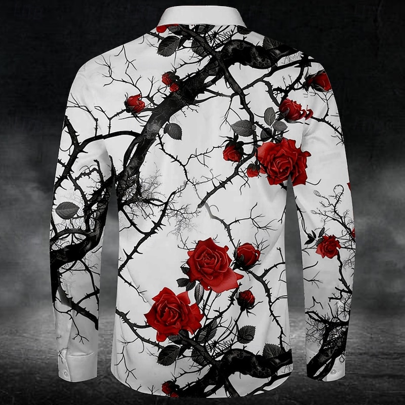 Men's Halloween Costumes Day of the Dead Rose Button Up Shirt Long Sleeve Fashion Casual Party Evening Wear Daily Fall Winter Spring & Summer Shirt Collar Button Up 3D Print White2