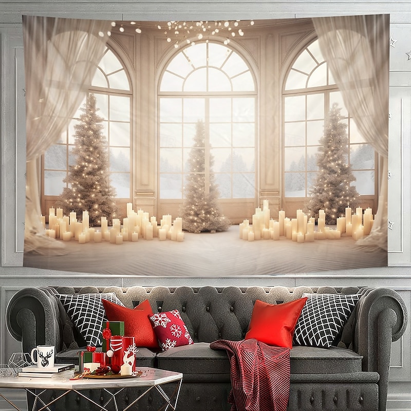 Christmas Decorations Hanging Tapestry Wall Art Xmas White Window View Large Tapestry Mural Decor Photograph Backdrop Blanket Curtain Home Bedroom Living Room4