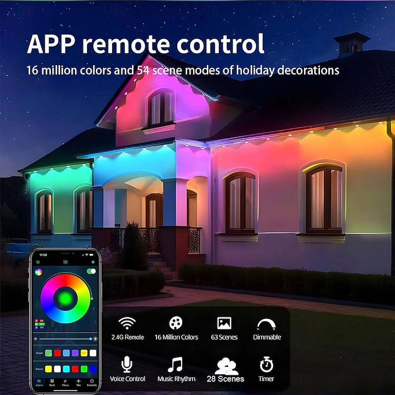 36LEDs 53ft Solar Energy Permanent Outdoor Lights, RGBIC Smart Eaves Lights, LED String Eternity Lights with App & Remote IP65 Waterproof Roof courtyard Outdoor Lighting for Christmas Holiday Pluggable2