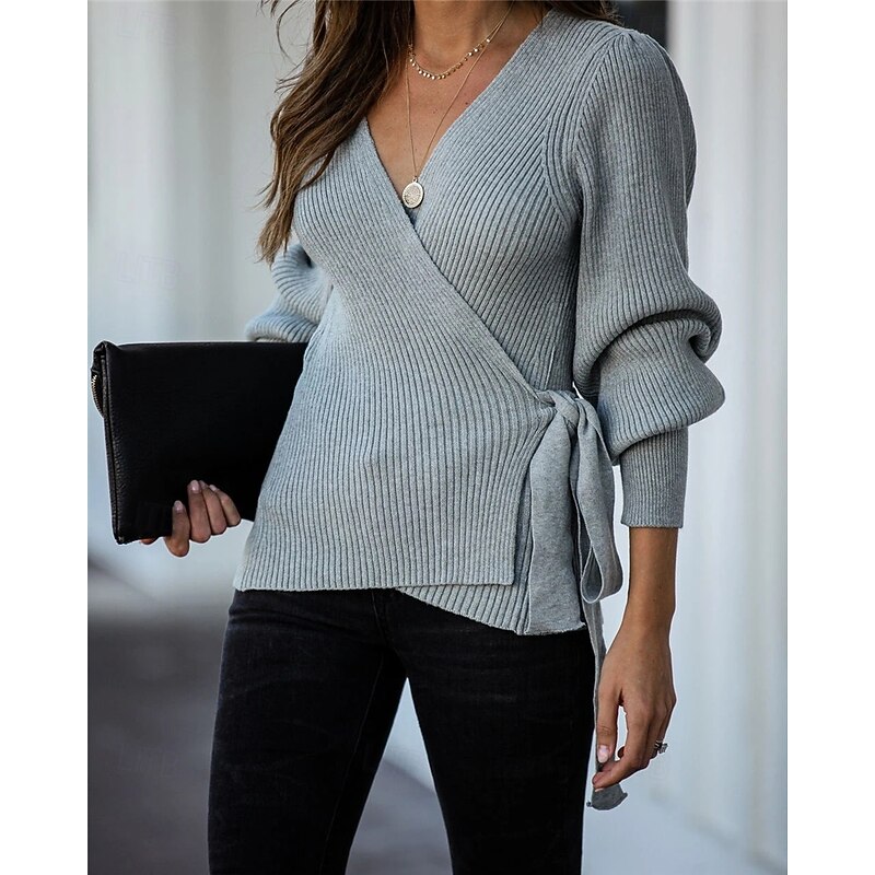 Women's Wrap Knit Sweater V Neck Ribbed Knit Knitted Lantern Sleeve Fall Winter Work Elegant Fashion Daily Long Sleeve Solid Color Black Beige3