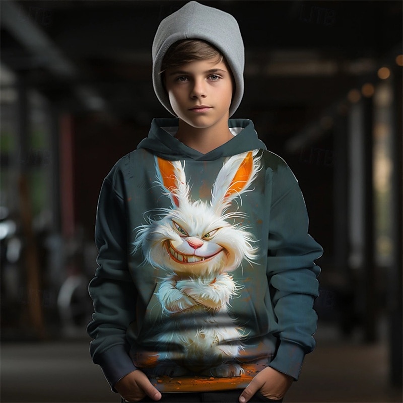 Boys 3D Graphic Animal Rabbit Hoodie Long Sleeve Spring Fall Fashion Streetwear Kids 4-12 Years Hooded Outdoor Casual Daily Regular Fit
