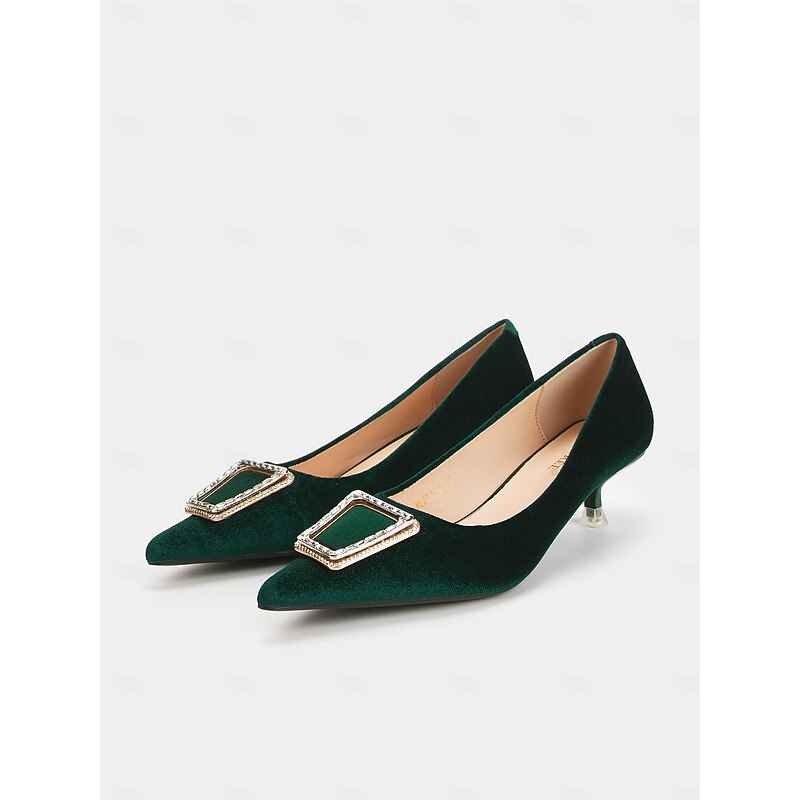 Women's Green Velvet Pointed Toe Kitten Heels with Rhinestone Buckle – Elegant Pumps for Formal Events and Parties4