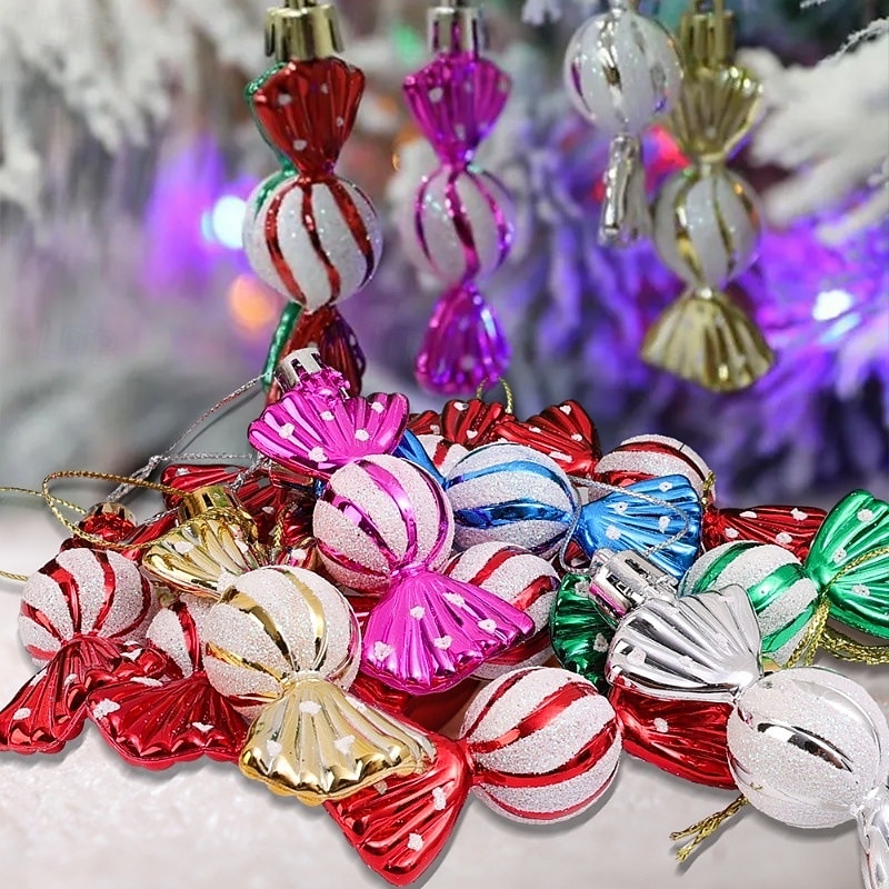Christmas Mini Peppermint Candy Cane Ornaments, Christmas Decoration Xmas Party Small Round Candy Tree Hangings, Electroplated Plastic Painted Candy Balls