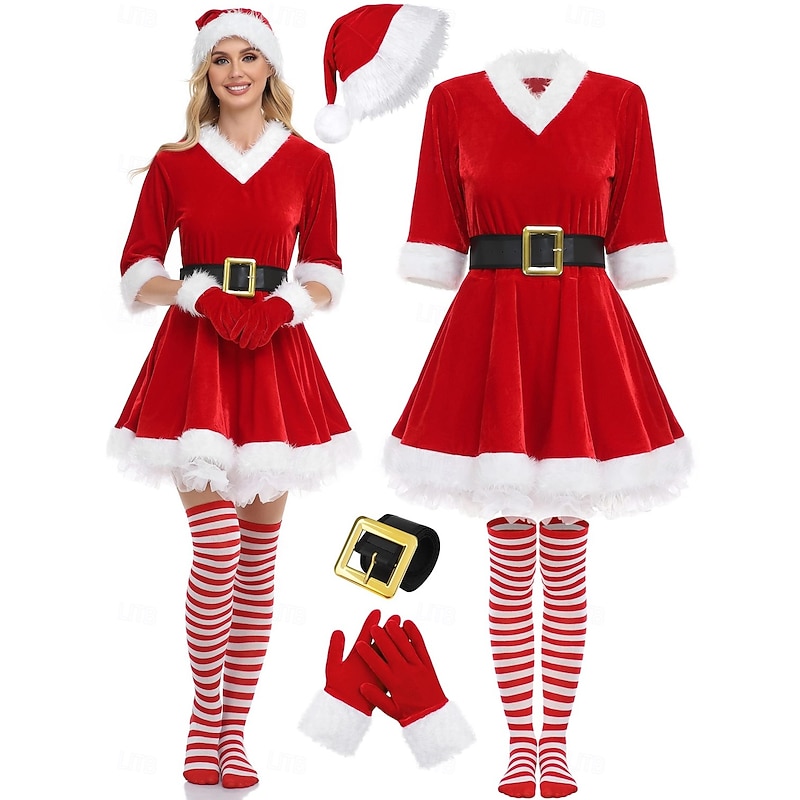 Santa Claus Mrs.Claus Outfits Fancy Christmas Dress Santa Suits Cosplay Costumes Women's Christmas Adults' Christmas New Year Christmas Eve Christmas New Year Eve Dress Gloves Belt Socks Hat