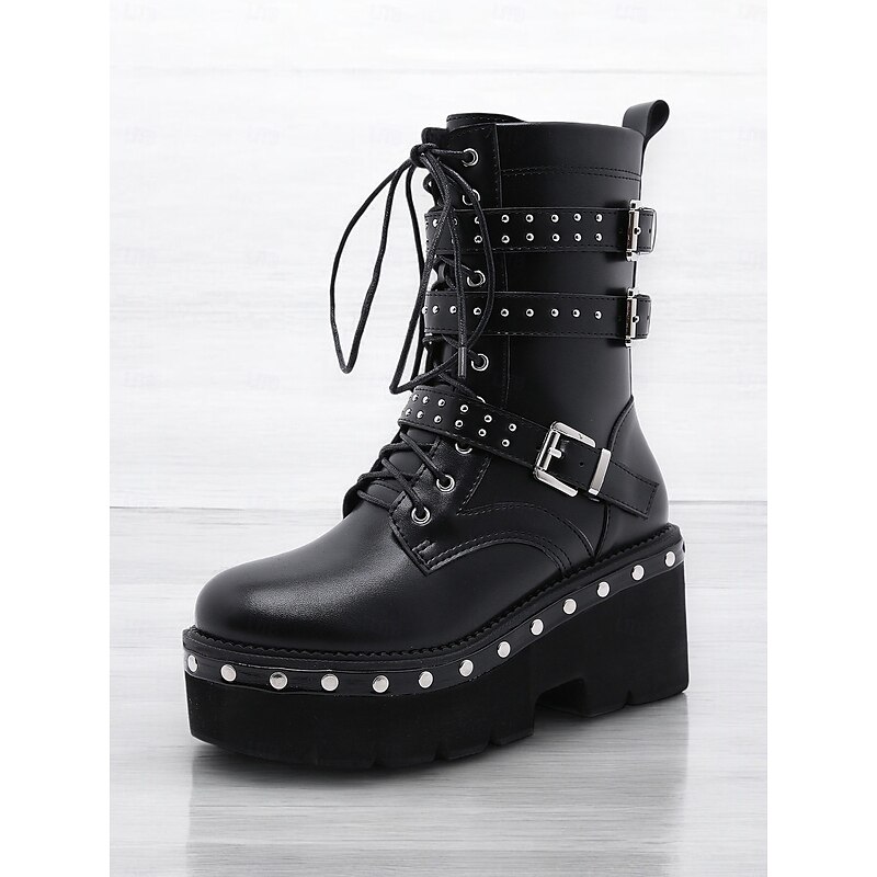 Women's Black Platform Combat Boots with Studded Buckle Straps, Punk Gothic Motorcycle Boots for Cosplay and Streetwear3