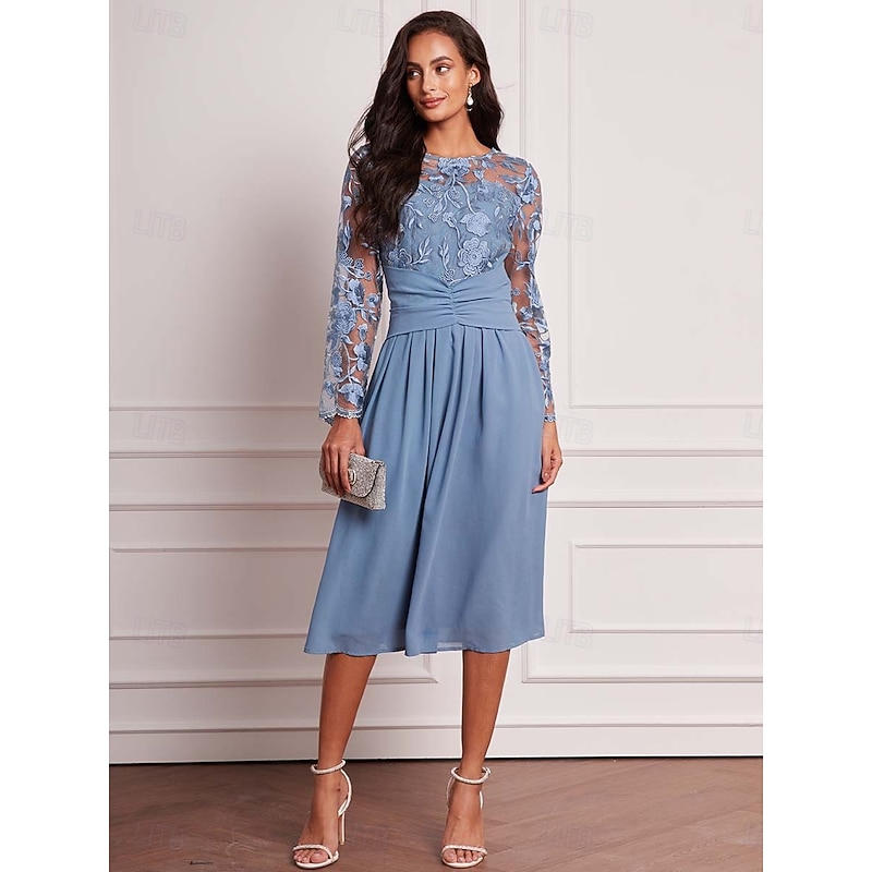 Women's Wedding Guest Dress Vintage Dress Midi Dress Ruched Mesh Elegant Cocktail Dresses Casual Crew Neck Long Sleeve Blue Color2
