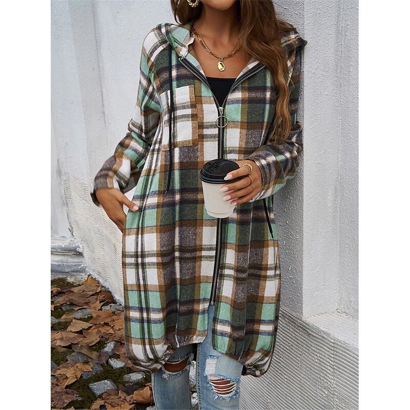 Women's Hoodie Jacket Outdoor Street Daily Wear Fall Winter Long Coat Regular Fit Thermal Warm Breathable Stylish Casual Jacket Long Sleeve Stripes and Plaid with Pockets Full Zip Red Brown Green3