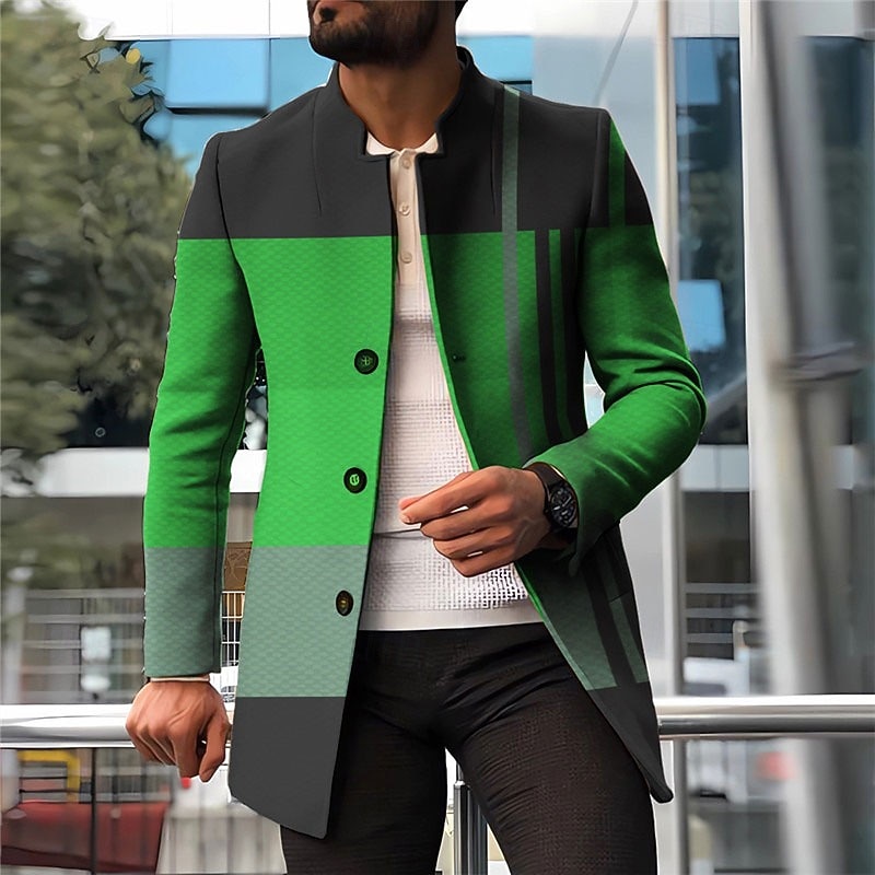 Men's Stripe Geometry Winter Coat Overcoat Coat Warm Comfortable Breathable Fashion Streetwear Business Work Wear to work Going out Pocket Print Fall & Winter Turndown Long Sleeve Red Blue Orange4