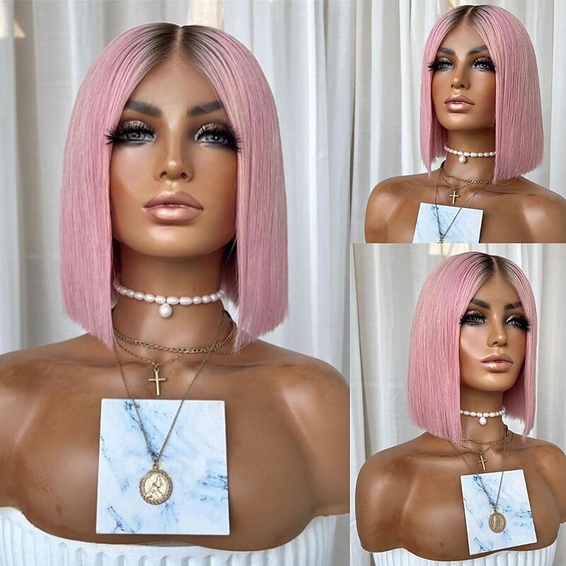 Remy Human Hair 13x4 Lace Front Wig Short Bob Middle Part Brazilian Hair Silky Straight Pink Wig 130% 150% Density Ombre Hair For Women Short Human Hair Lace Wig