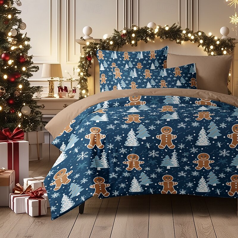 Christmas Duvet Cover with Gingerbread Man Design 100% Cotton Festive Holiday Christmas Comforter Set Full Soft and Cozy Includes Duvet Cover and Pillowcases  Queen King Size