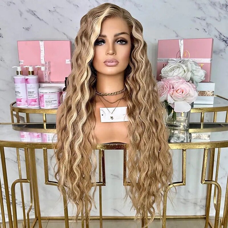 Unprocessed Virgin Hair 13x4 Lace Front Wig Middle Part Brazilian Hair Wavy Blonde Multi-color Wig 130% 150% Density Smooth Highlighted / Balayage Hair Natural Hairline For Women Long Human Hair Lace