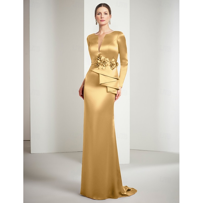 Gold Sheath / Column Evening Gown Elegant Dress Formal Floor Length Long Sleeve Jewel Neck Satin with Appliques