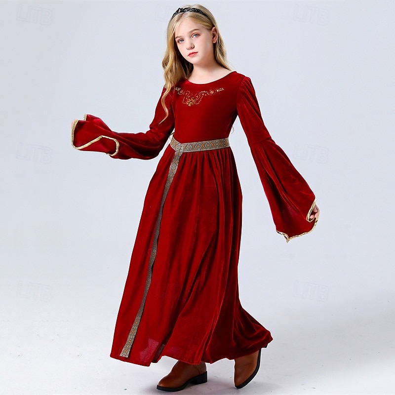 Kids Girls' Cosplay Dress Cosplay Custome Party Dress Solid Color Long Sleeve Performance Halloween Party Patchwork Vintage Gothic Halloween Custome Polyester Maxi Vintage Dress Party Dress Summer2