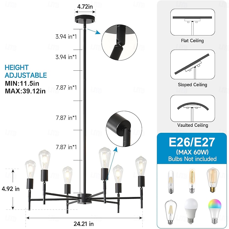 Black Chandelier 6/8-Light Dining Room Chandelier Rotatable Bulb Socket Industrial Vintage Ceiling Light Fixture Adjustable Pendant Light4