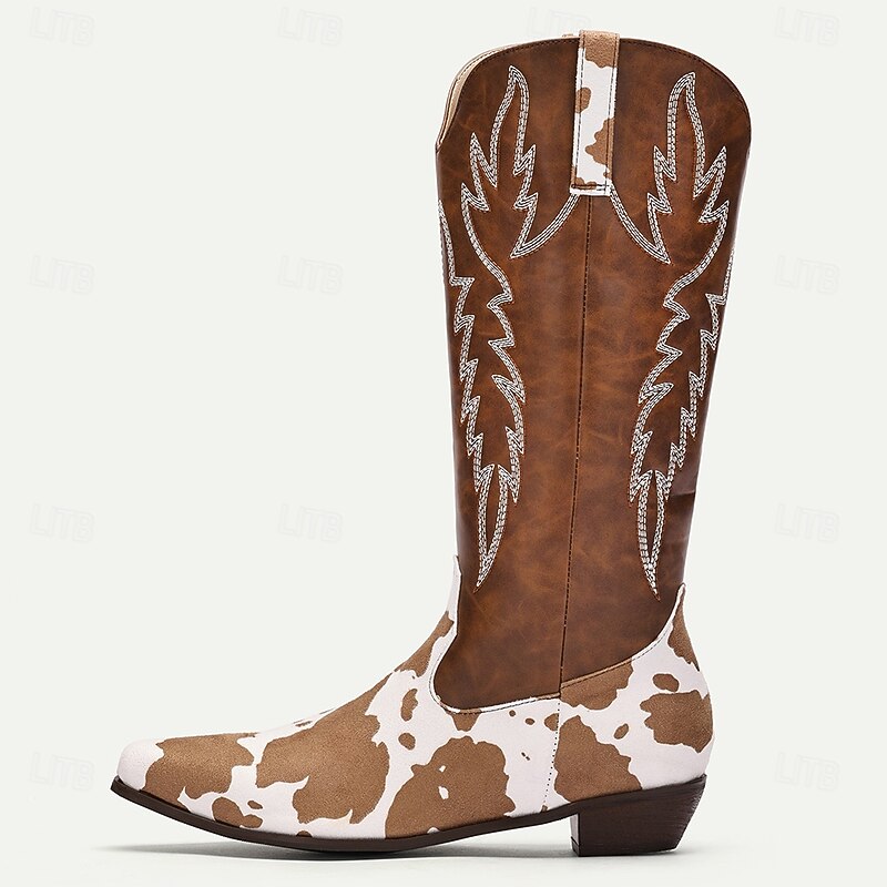 Men's Brown and White Cow Print Western Cowboy Boots – Embroidered Faux Leather Design, Perfect for Rodeos, Casual Wear, and Country Fashion4
