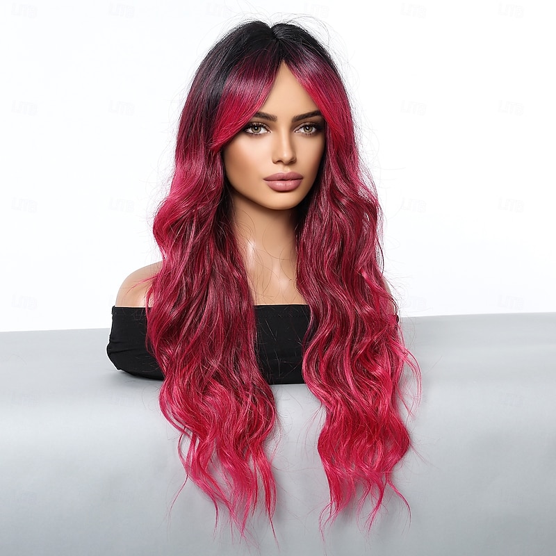 Synthetic Wig Uniforms Career Costumes Princess Curly Wavy Middle Part Layered Haircut Machine Made Wig 26 inch Black / Red Synthetic Hair Women's Cosplay Party Fashion Red4