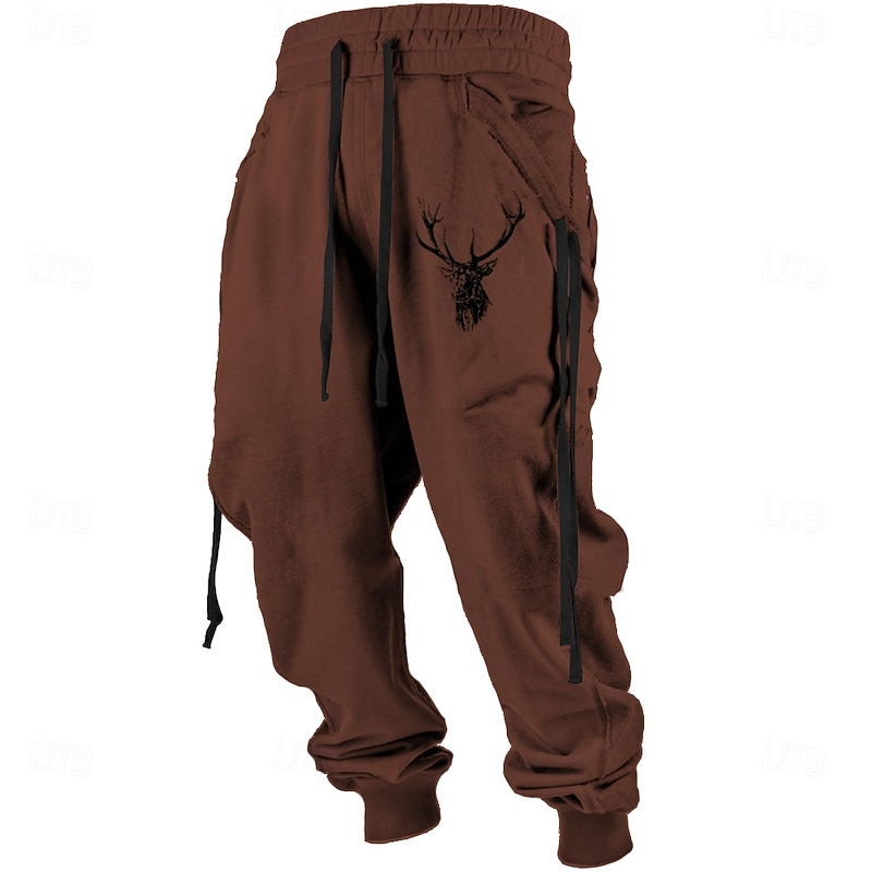 Men's Deer Sweatpants Joggers Pants Trousers Mid Waist Drawstring Elastic Waist Vintage Casual Outdoor Street Dailywear Pocket Spring Fall Winter 3D Print Dark red Blue khaki