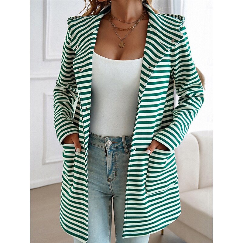 Women's Coat Outdoor Street Daily Wear Fall Winter Regular Coat Regular Fit Thermal Warm Breathable Stylish Casual Jacket Long Sleeve Stripe with Pockets Print Black Blue Brown3