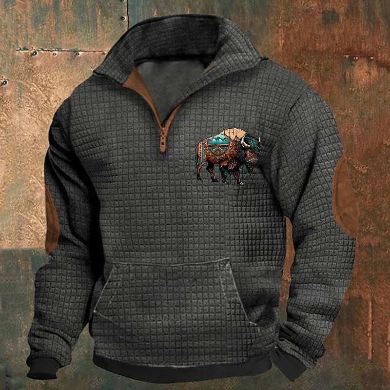 Men's Sweatshirt Waffle Sweatshirt Quarter Zip Sweatshirt Black Navy Blue Khaki Dark Gray Gray Half Zip Graphic Cow Print Patchwork Front Pocket Quarter Zip Daily Holiday Going out Polyester
