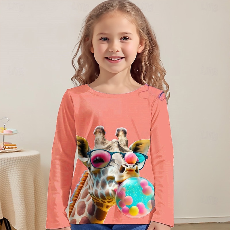 Girls' 3D Graphic Animal Giraffe T shirt Tee Long Sleeve Spring Fall Fashion Basic Kids 4-12 Years Crew Neck Outdoor Casual Daily Regular Fit